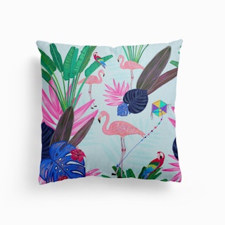 Flamingo With Kite And Banana Tree Summer Time Pattern Canvas Cushion