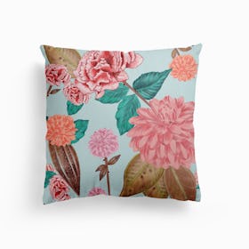 Hand Drawn Carnation And Dahlia Spring Time Cheerful Pattern Canvas Cushion