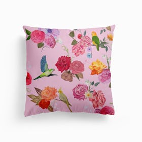 Beautiful Roses And Tropical Birds Pink Canvas Cushion