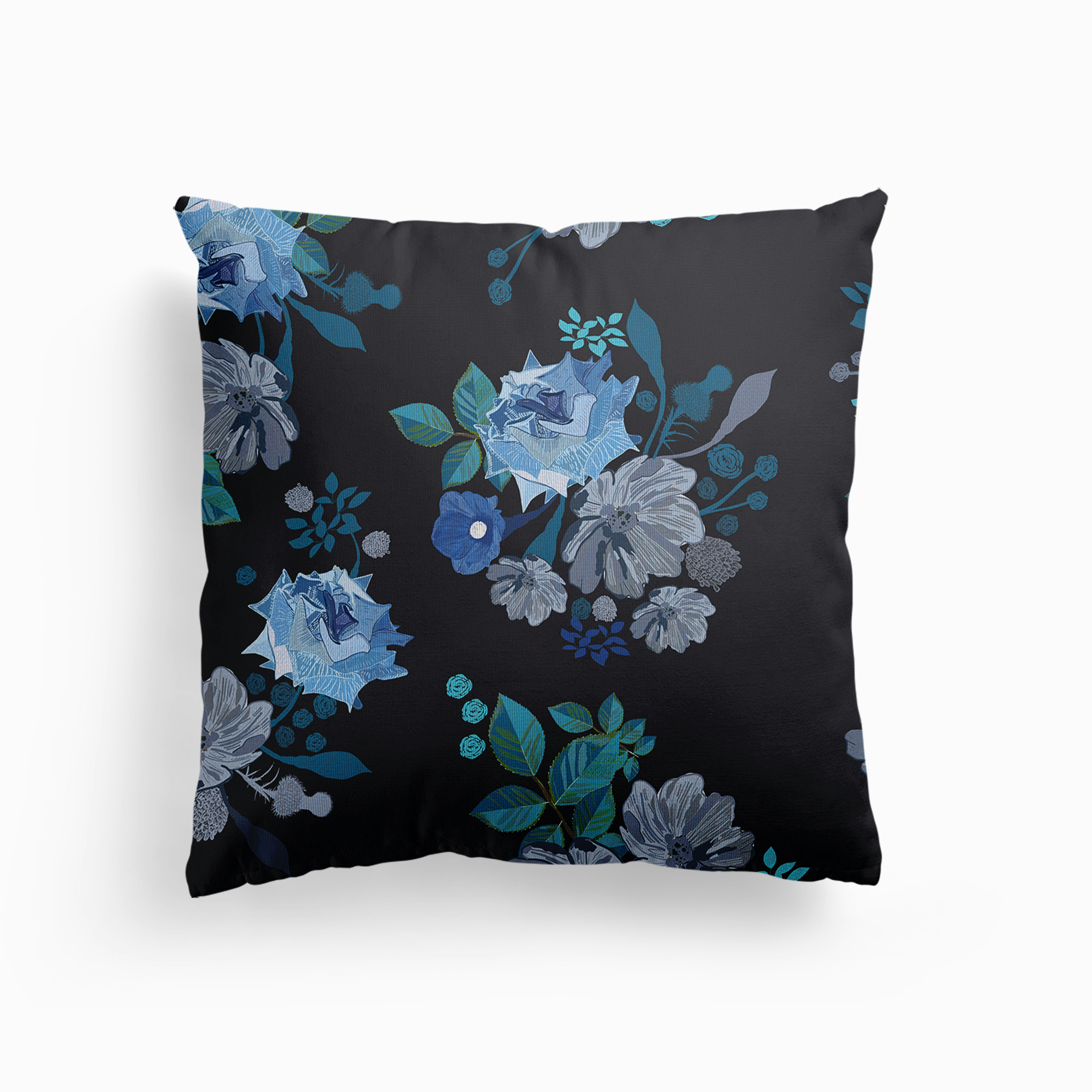 Blue Hand Drawn Vintage Roses And Cosmos Flower Pattern Canvas Cushion by Gulsen Gunel