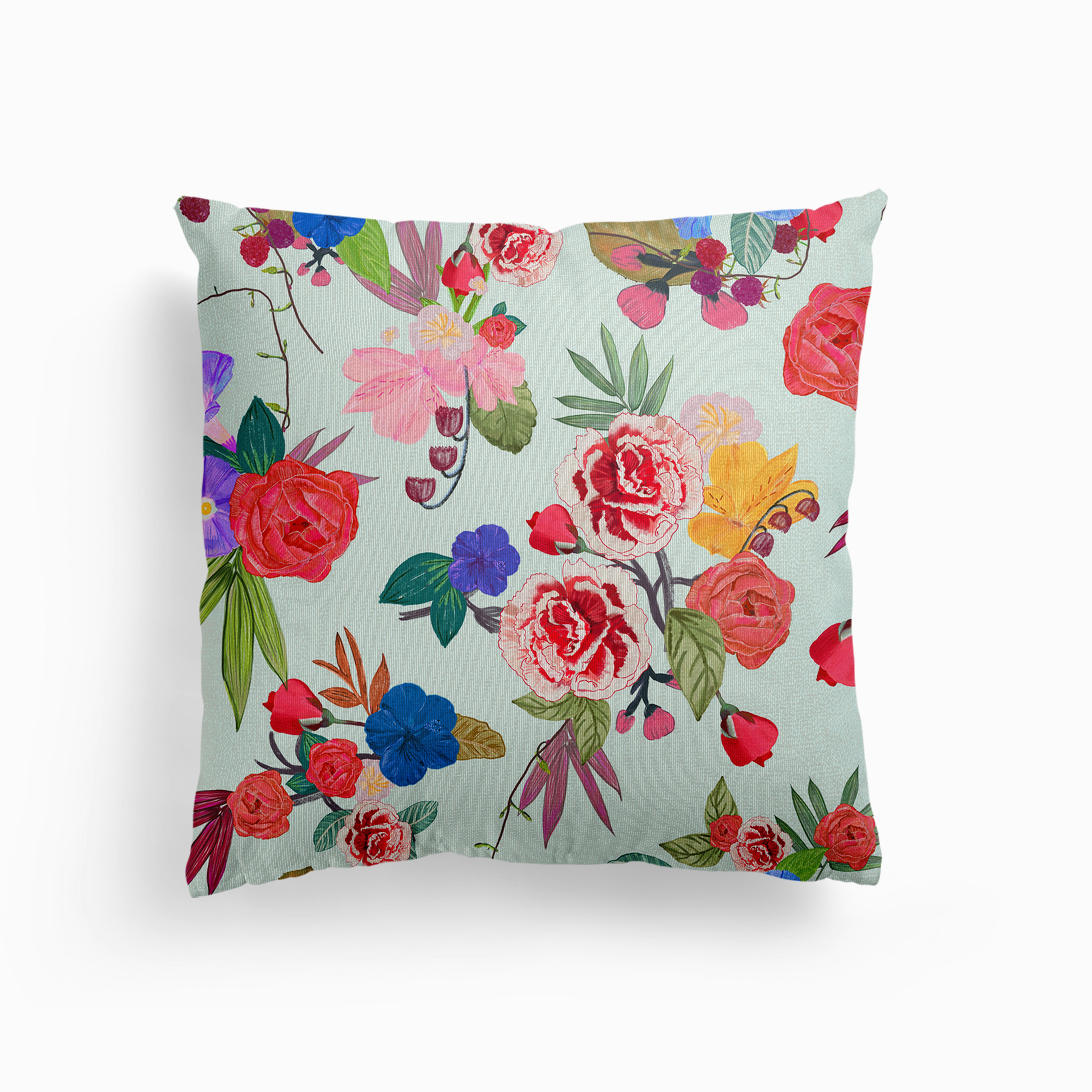 Beautiful Roses, Carnation, Bud, Berries And Mix Flowers Vintage Pattern Blue Canvas Cushion by Gulsen Gunel