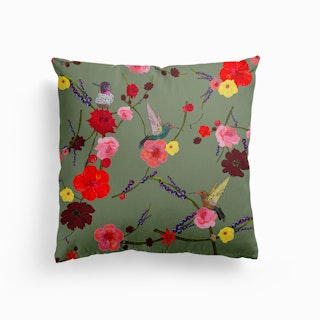 Birds With Hibiscus And Roses Pattern Canvas Cushion