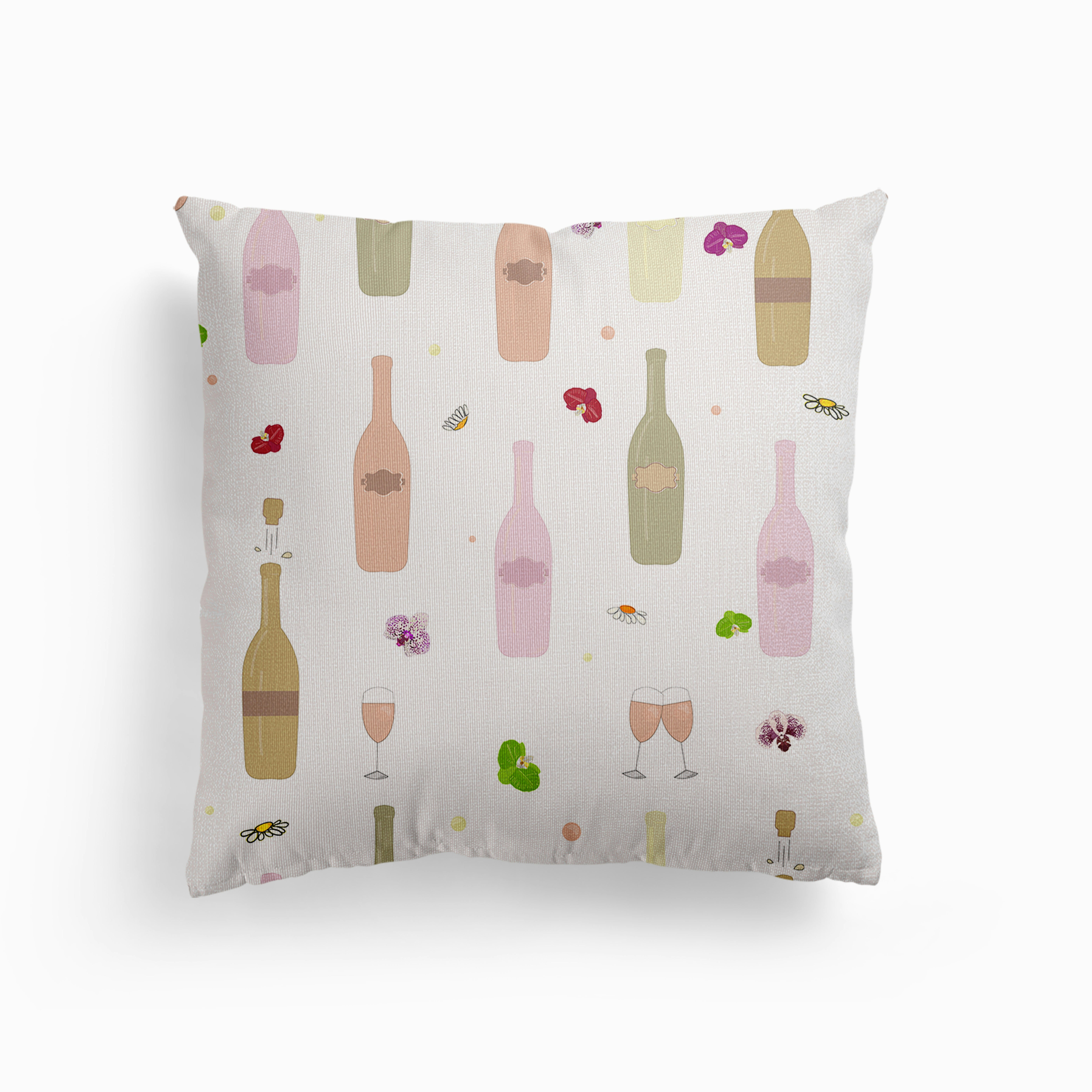 Colorful Champagne Bottle And Glass Of Champagne With Orchid Pattern Canvas Cojín
