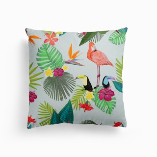 Colorful Tropical Flowers, Toucan, Flamingo Seamless Illustration Pattern Canvas Cushion