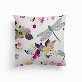 Fucisia, Dragonfly, Vanilia Flower And Colorful Flowers Canvas Cushion