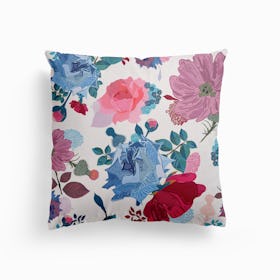 Blue And Pink Roses, Cosmos Flowers Vintage Style Pattern Canvas Cushion