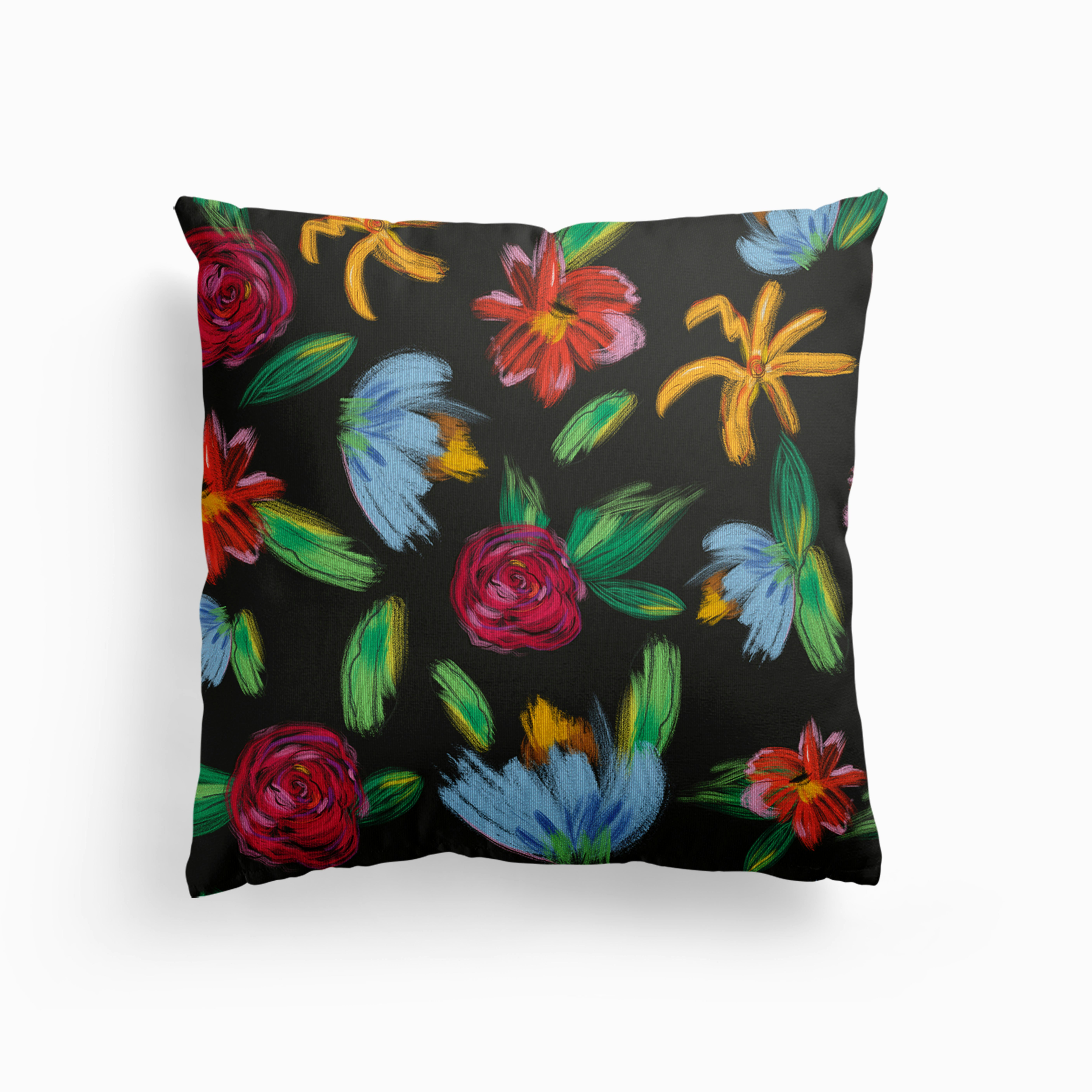 Brushed Flowers Artistic Rose, Tulip And Daisy Floral Pattern Canvas Cushion by Gulsen Gunel
