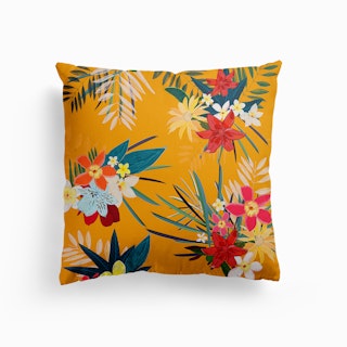 Frangipani, Lily Palm Leaves Tropical Vibrant Colored Trendy Summer Pattern Yellow Background Canvas Cushion