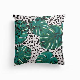 Colorful Leopard Pattern With Hand Drawn Monstera Leaves Canvas Cushion