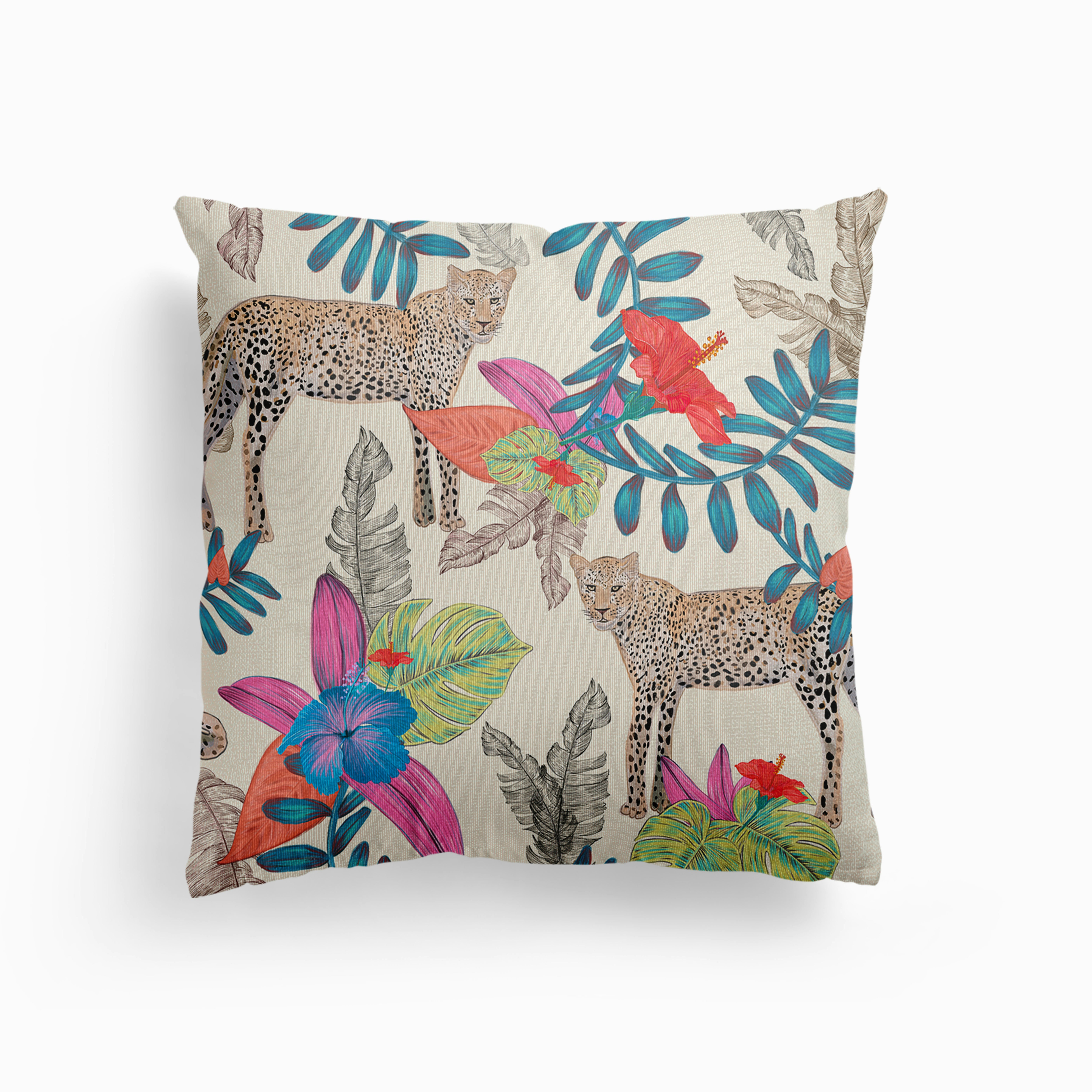 Hand Drawn Leopard Colorful Tropical Heaven And Hibiscus Artistic Flower Pattern Canvas Cushion by Gulsen Gunel
