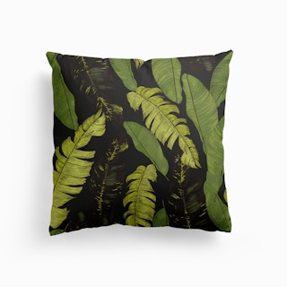 Hand Drawn Beautiful Tropical Leaves Pattern Black Background Canvas Cushion