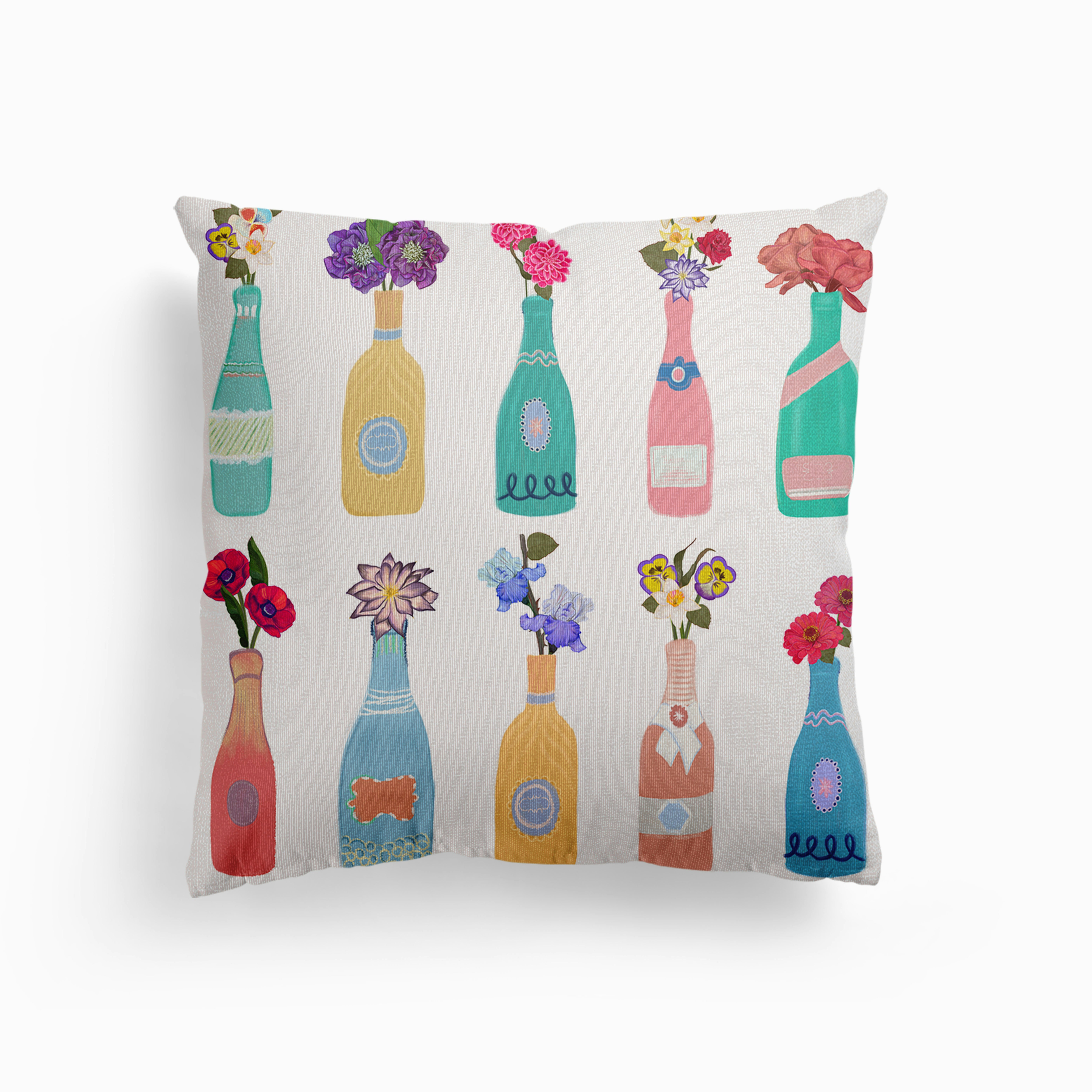 Champagne, Wine Bottle With Bouquet Flowers Canvas Cushion by Gulsen Gunel