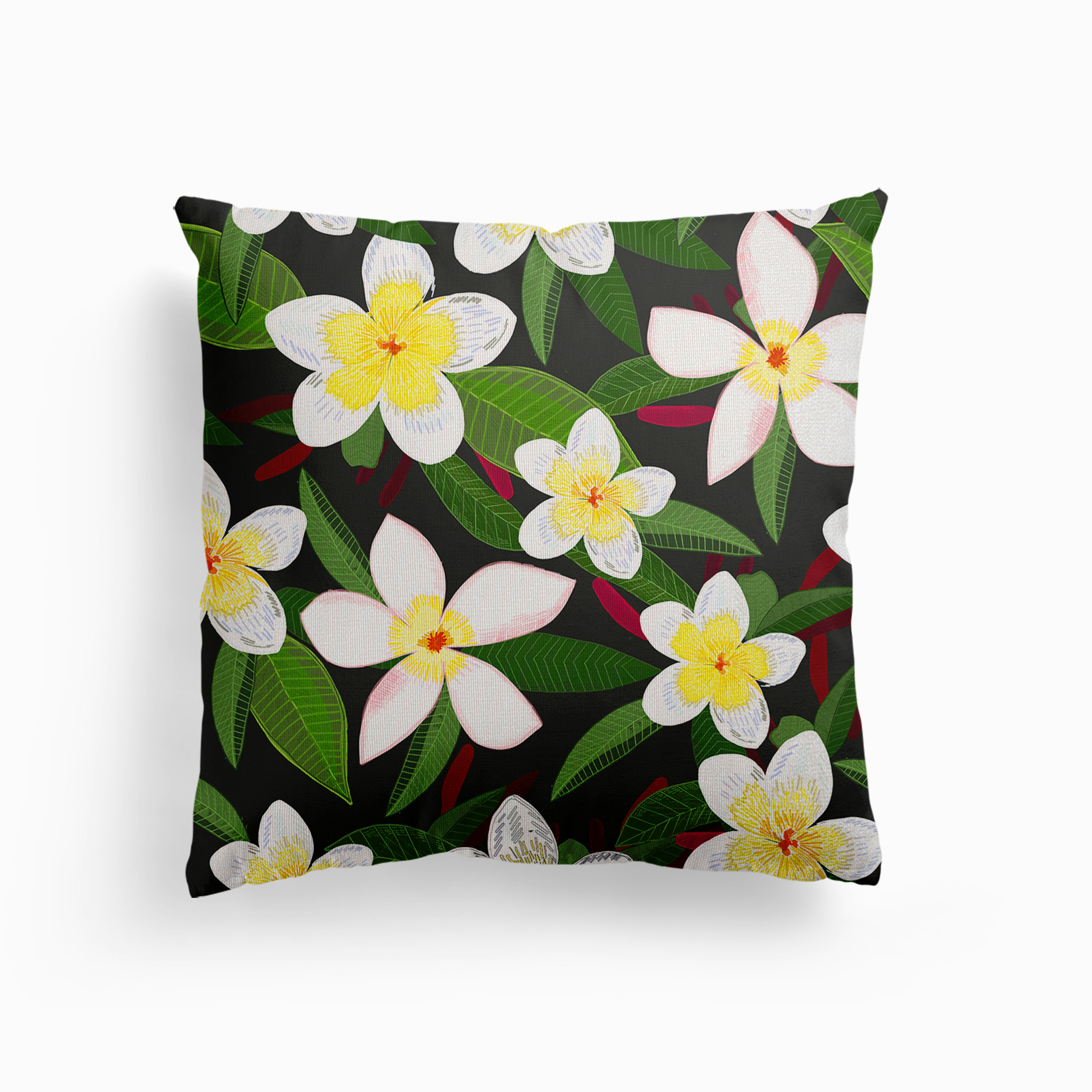 Frangipani Egzotic Floral Pattern Canvas Cushion by Gulsen Gunel