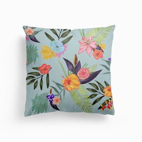 Tropical Brush Watercolor Exotic Flowers Pattern Canvas Cushion