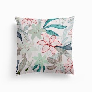 Jungle Warrior Exotic Lily Hand Painted Artistic Pattern White Background Canvas Cushion