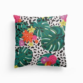 Shining Leopard Detailed Colorful Happy Tropical Flowers Vibrant Pattern Canvas Cushion