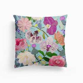 Orchid, Succulent And Roses Colorful Pattern Canvas Cushion