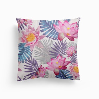 Hand Drawn Pink Lotus Flower And Botanical Leaves Pattern Canvas Cushion