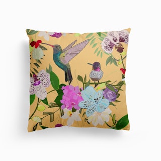 Orchid, Alstromerias And Cute Humming Birds Pattern Canvas Cushion