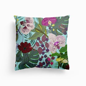 Orchid And Cosmos Flower Botanical Floral Pattern Canvas Cushion