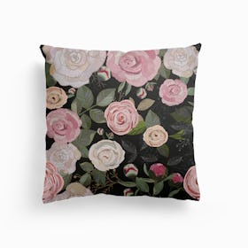 Peony And Rose Pattern Black Background Canvas Cushion