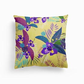 Iris Flower Purple Tropical Leaves Pattern With Yellow Background Canvas Cushion