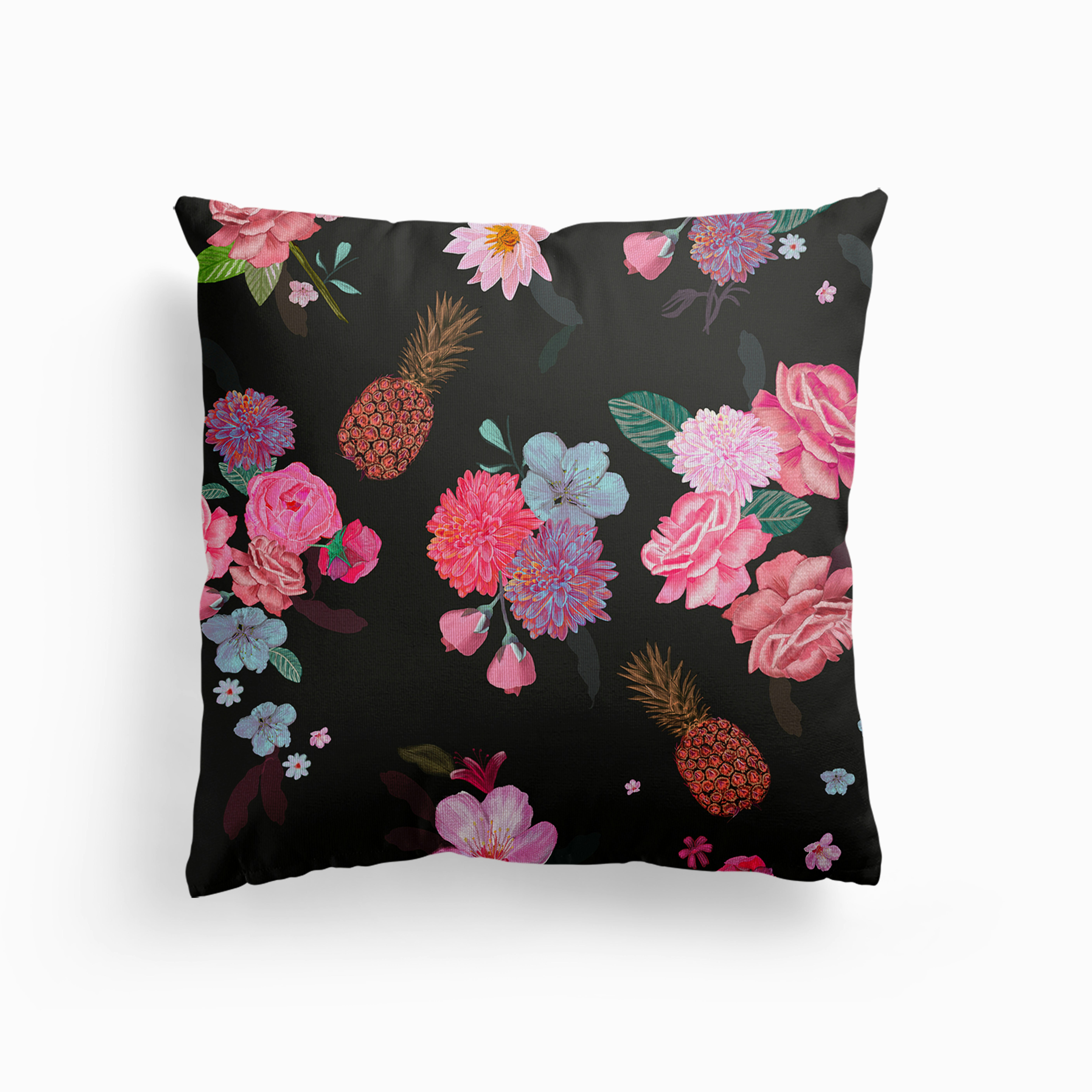 Hand Drawn Pineapple And Pink Roses Summer Time Beautiful Romantic Design Pattern Canvas Cushion by Gulsen Gunel