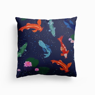 Koi Fishes Sea Creatures Pattern Deep Navy Blue Canvas Cushion