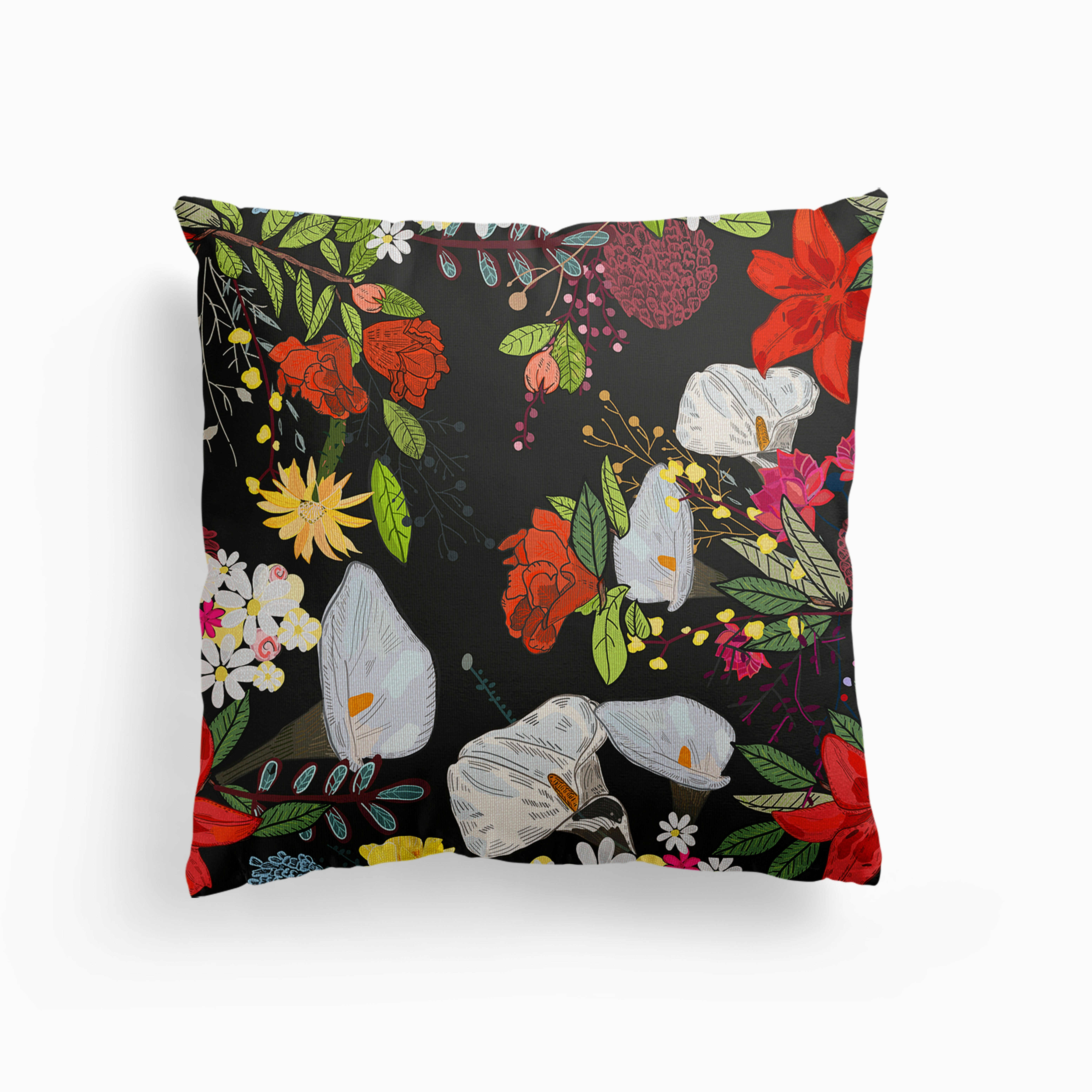 Pomegranate And Lily And Colorful Flowers Pattern Black Background Canvas Coussin