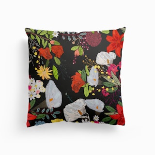 Pomegranate And Lily And Colorful Flowers Pattern Black Background Canvas Cushion