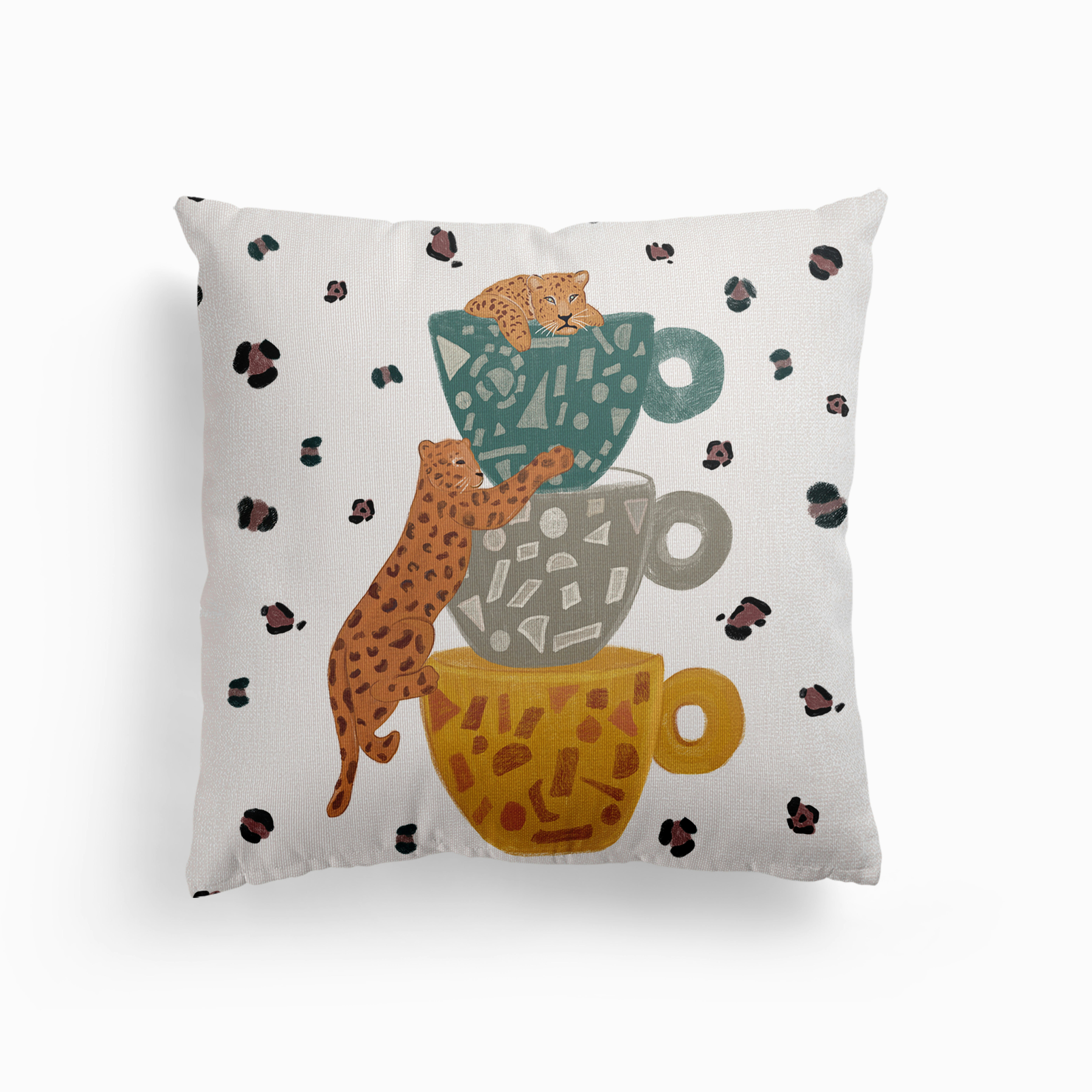 Leopard With Coffee Cups Wild Forest Coffee Break Pattern White Canvas Cojín