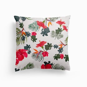 Red Hibiscus And Heaven Bird Exotic Garden Pattern White Canvas Cushion