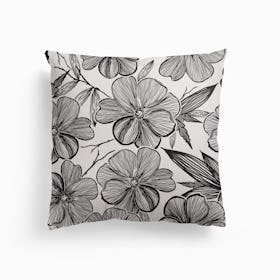 Monochrome Blow Ups Hand Drawn Black White Anemone Flowers Pattern Canvas Cushion