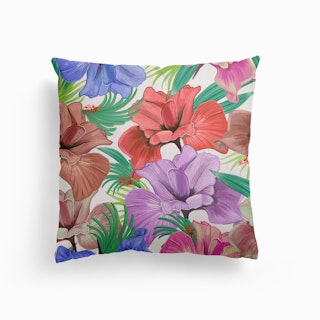 Hand Drawn Pastel Iris Flower And Tropical Leaves Pattern Canvas Cushion