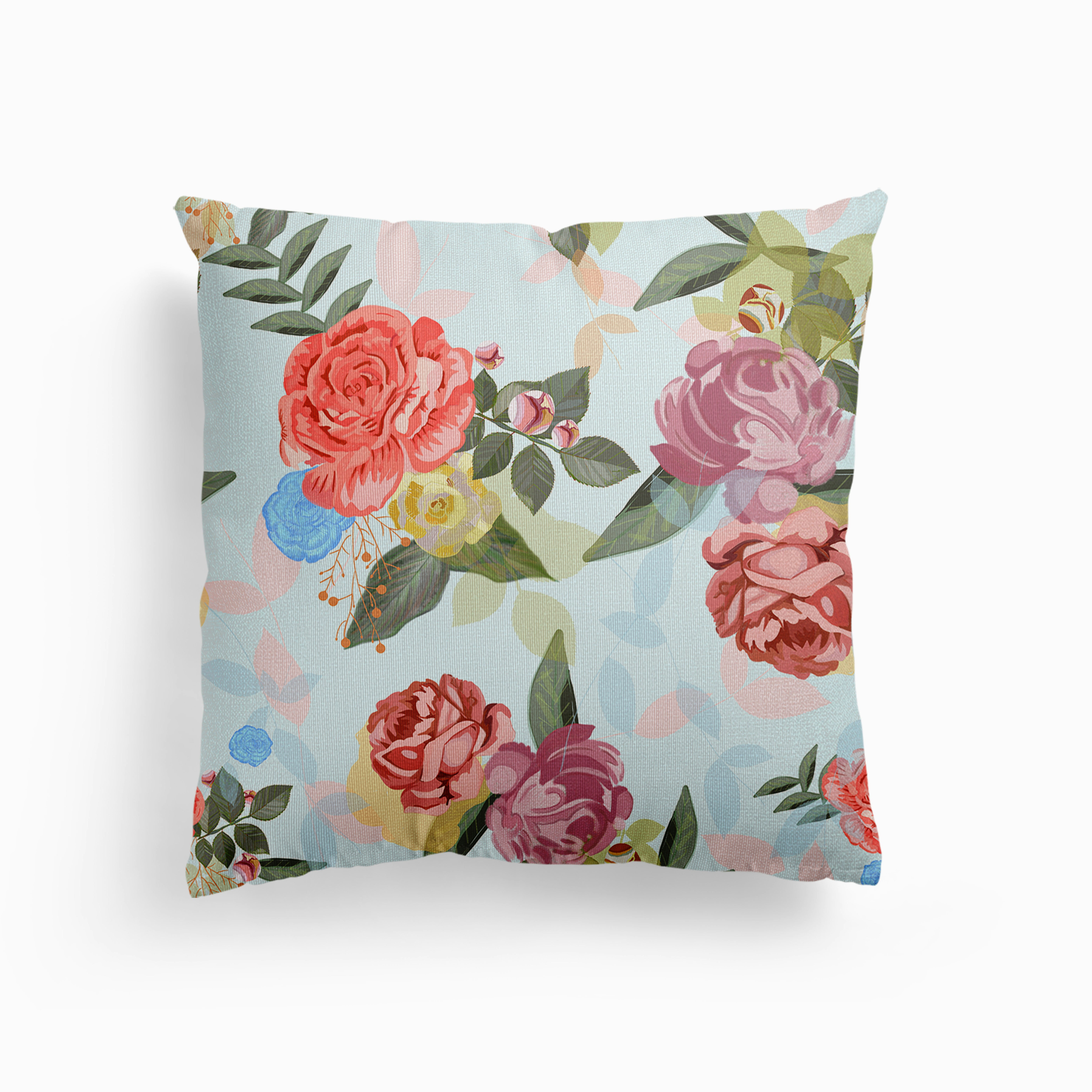 New Romantic Hand Drawn Roses With Blue Background Canvas Cushion by Gulsen Gunel