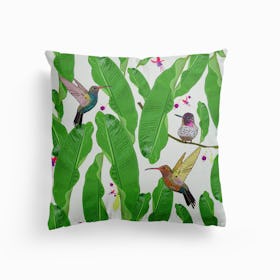Hummingbird Fucisia Leaves Pattern Canvas Cushion
