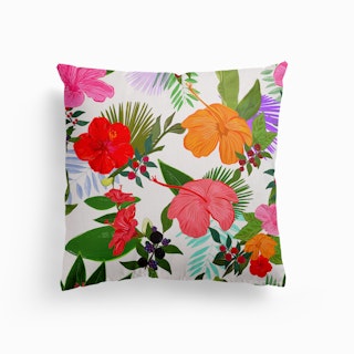 Hibiscus And Berries Hand Drawn Pattern White Background Canvas Cushion