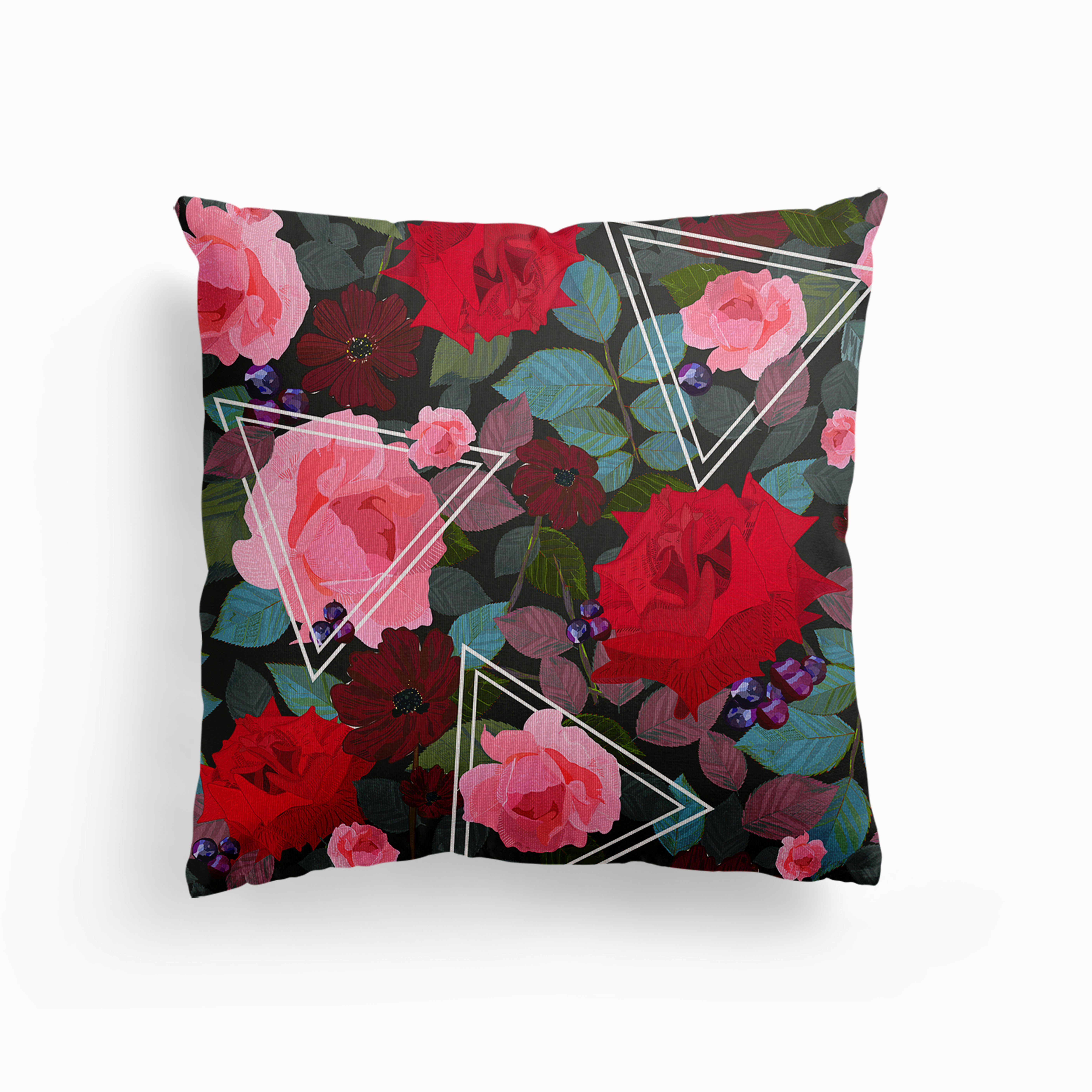 Triangles With Vintage Red Pink Roses And Chocalate Cosmos Flower Pattern Canvas Cushion by Gulsen Gunel