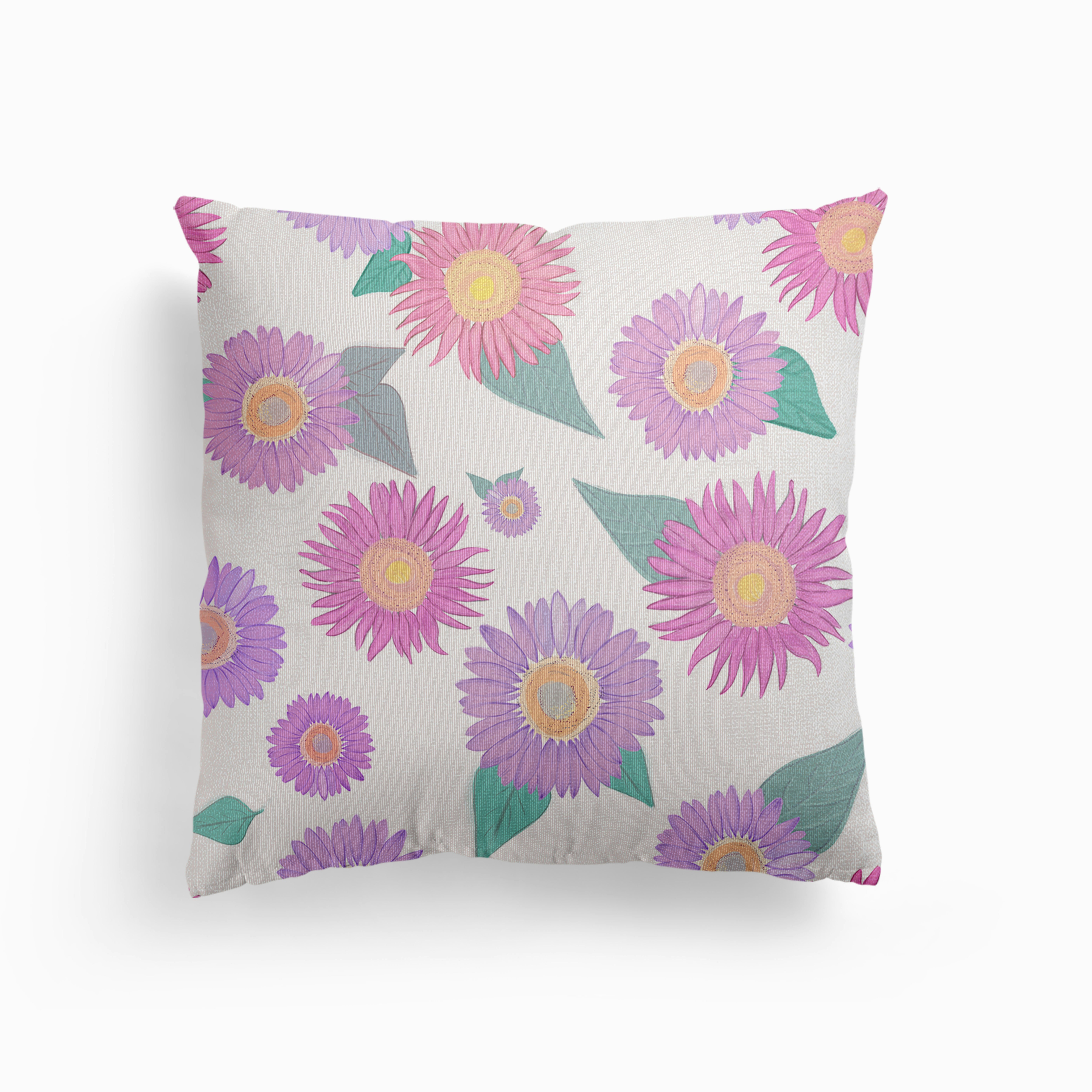 Hand Drawn Pastel Colored Cute Sunflowers Pattern Canvas Cushion by Gulsen Gunel