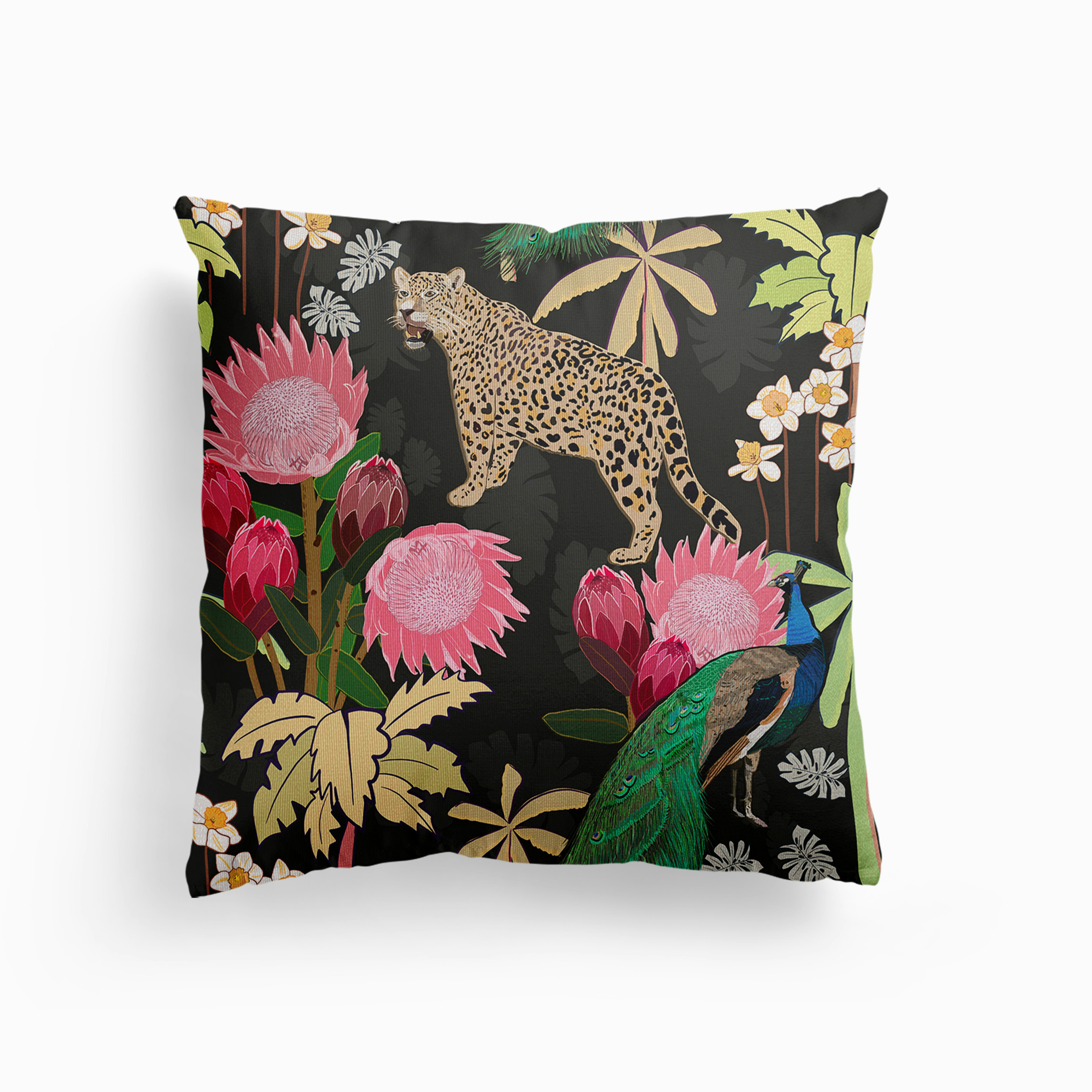 Tiger And Peacock With Tropical Flowers Pattern Canvas Kissen