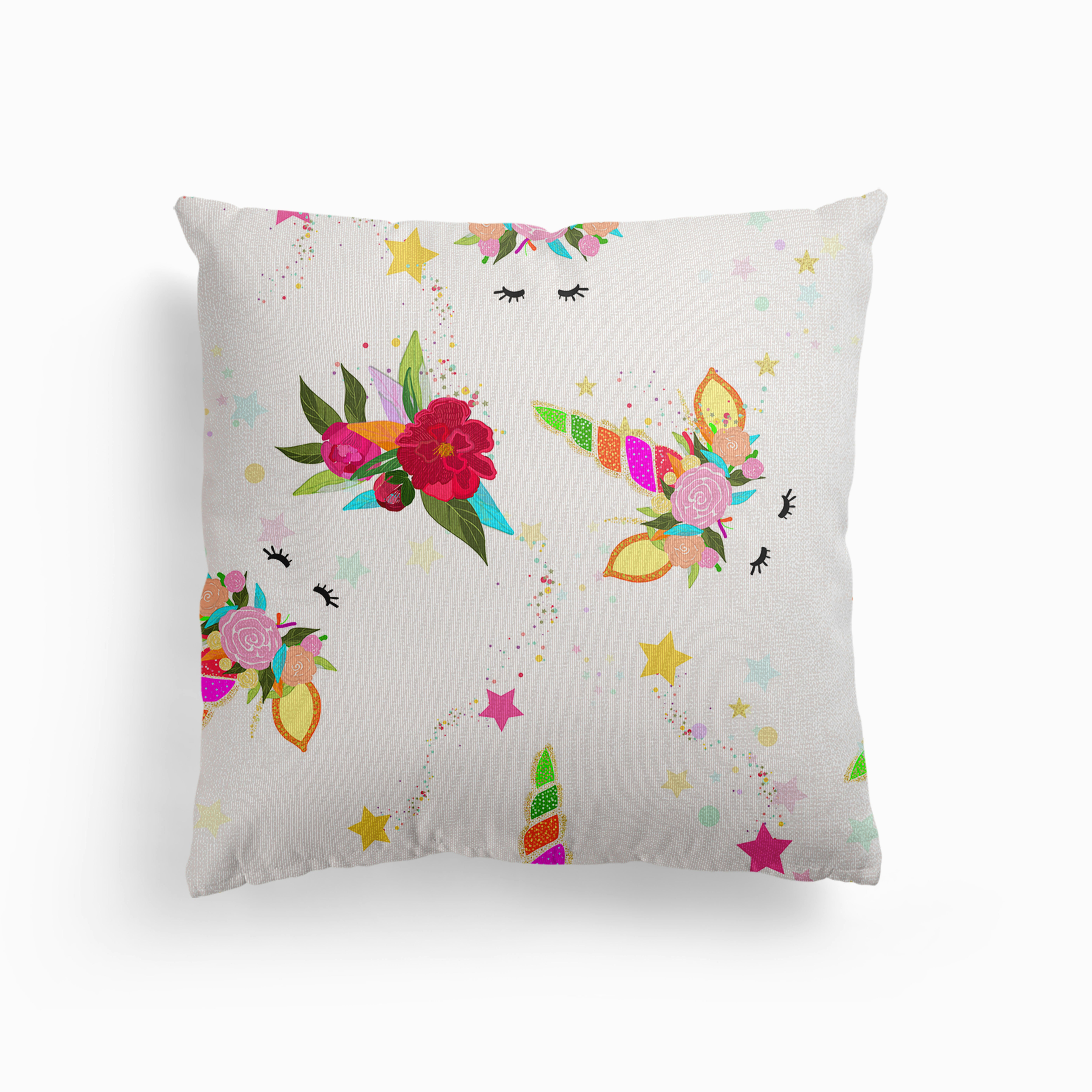 Magical Unicorn Colorful Shining Pattern With White Background Canvas Cushion by Gulsen Gunel
