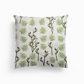 Tree, Birds And Palm Leaves Tropical Minimal Pattern Canvas Cushion