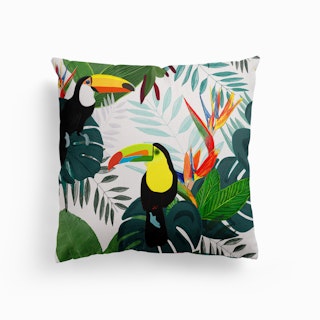 Taucan And Bird Of Paradise Flowers Tropical Forest Colorful Summer Pattern Canvas Cushion