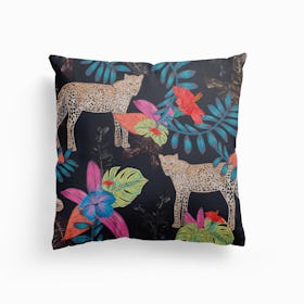 Hand Drawn Leopard Colorful Tropical Heaves And Hibiscus Artistic Flower Pattern Canvas Cushion
