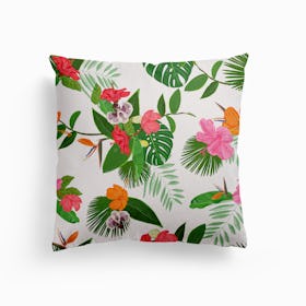 Red, Orange, Pink Hibiscus And Heaven Bird Flowers And Tropical Leaves Pattern Canvas Cushion