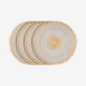 Woven Round Placemats with Trimming - Blue / Natural - Set of 4