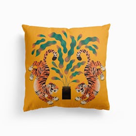Tiger Twins In Marigold Canvas Cushion
