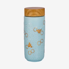 Honey Bee Travel Mug - Baby Blue / Gold - Ceramic