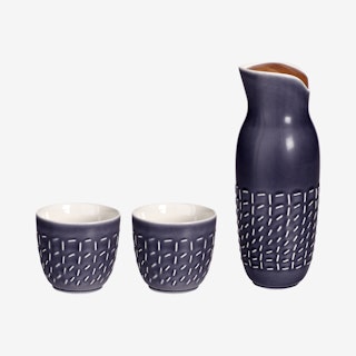 Footprint Carafe with Tea Cups - Stone Blue - Ceramic - Set of 3