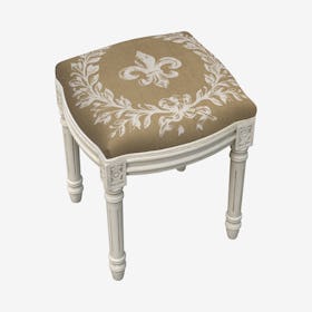 Louis XVI Vanity Stool - Tan / White - Linen - Fleur De Lis